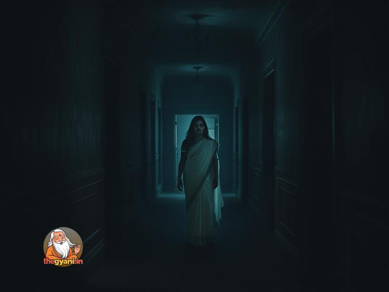 A dark hallway inside a haunted mansion with a ghostly woman in a white saree standing at the end of the corridor.