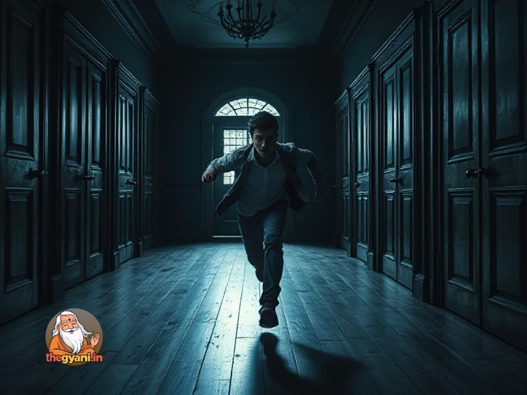 Ajay running through the dark, abandoned mansion, desperate to escape, as doors slam shut behind him.