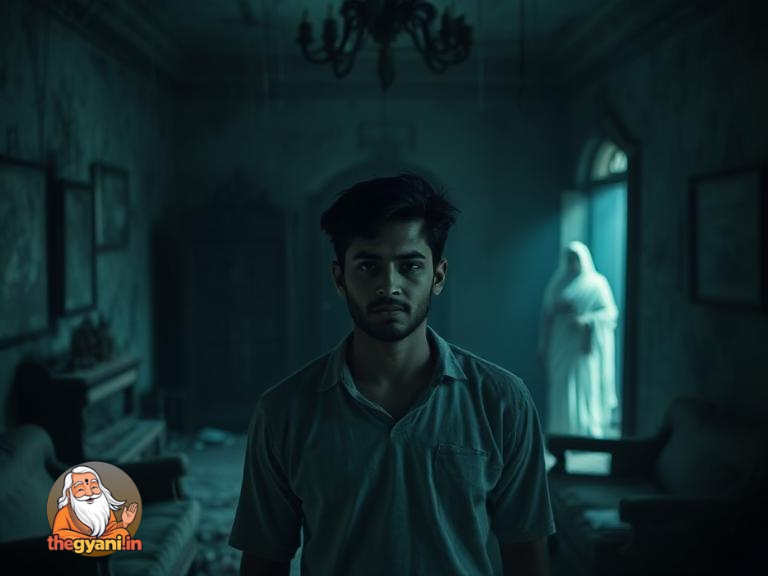 A young man (Ajay) standing in a dark, eerie room inside a haunted mansion, with a ghostly figure of a woman in a white saree in the background.