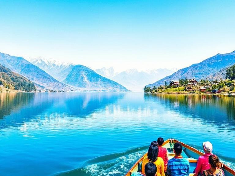 Scenic hill station in India during May, featuring a calm lake, snow-capped mountains, and lush green landscapes with tourists enjoying a boat ride.