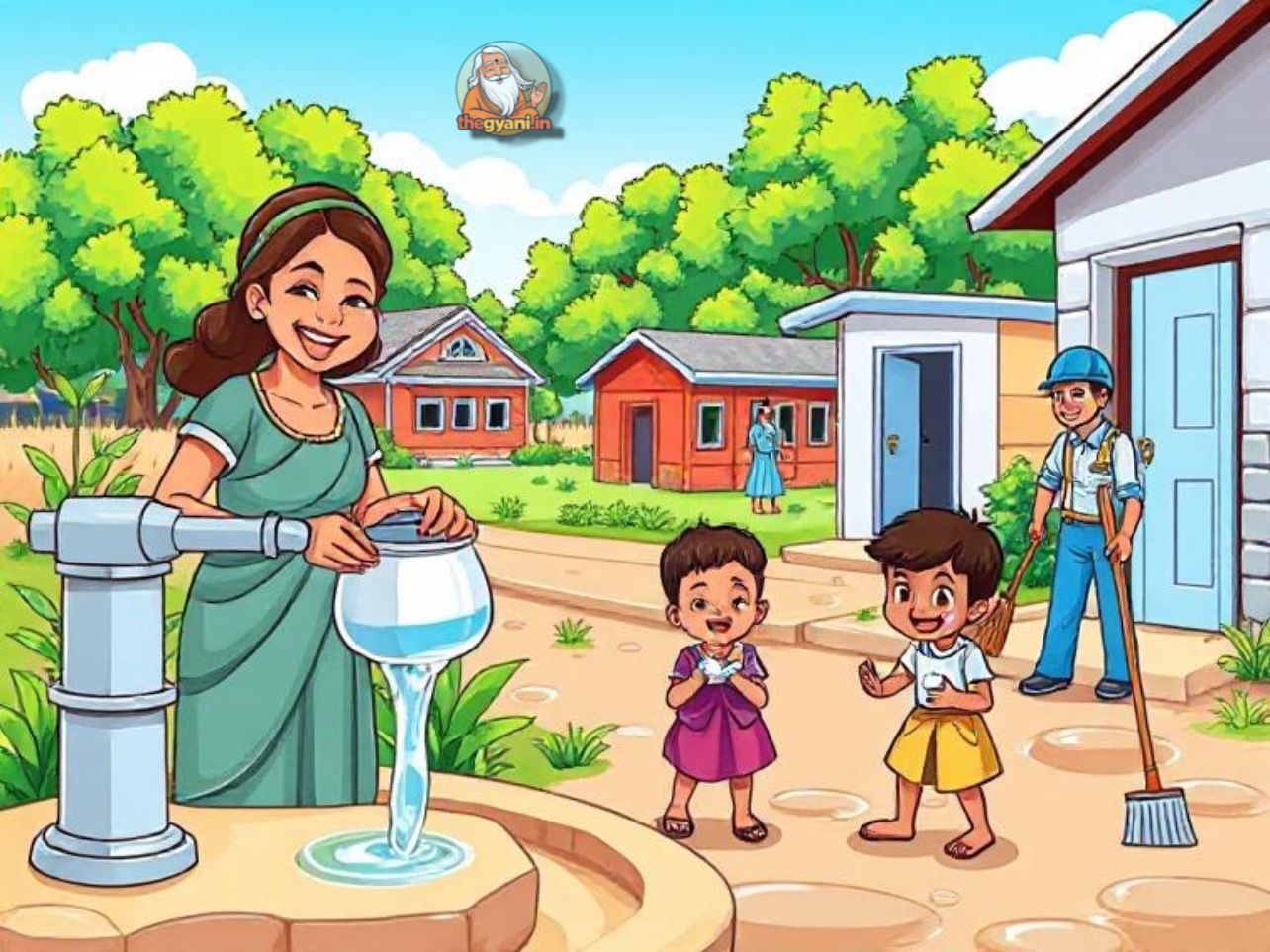 A colorful cartoon-style illustration of a clean and healthy village promoting water, sanitation, and hygiene (WASH), with people practicing good hygiene habits like washing hands, using clean water, and maintaining sanitation.