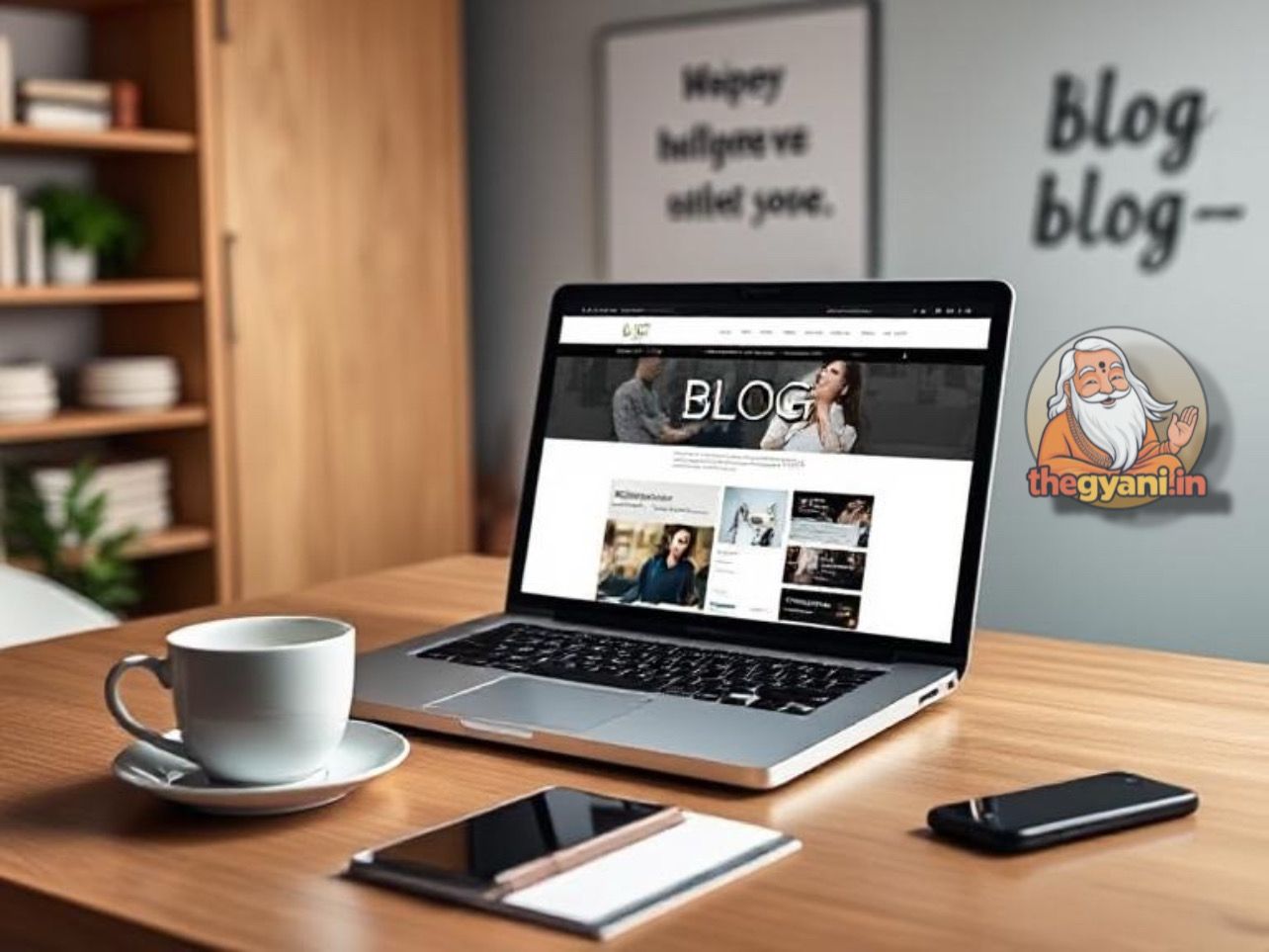 A modern digital workspace with a laptop displaying a blog website, a coffee cup, a notepad, and a smartphone on the desk, symbolizing productivity and blogging success