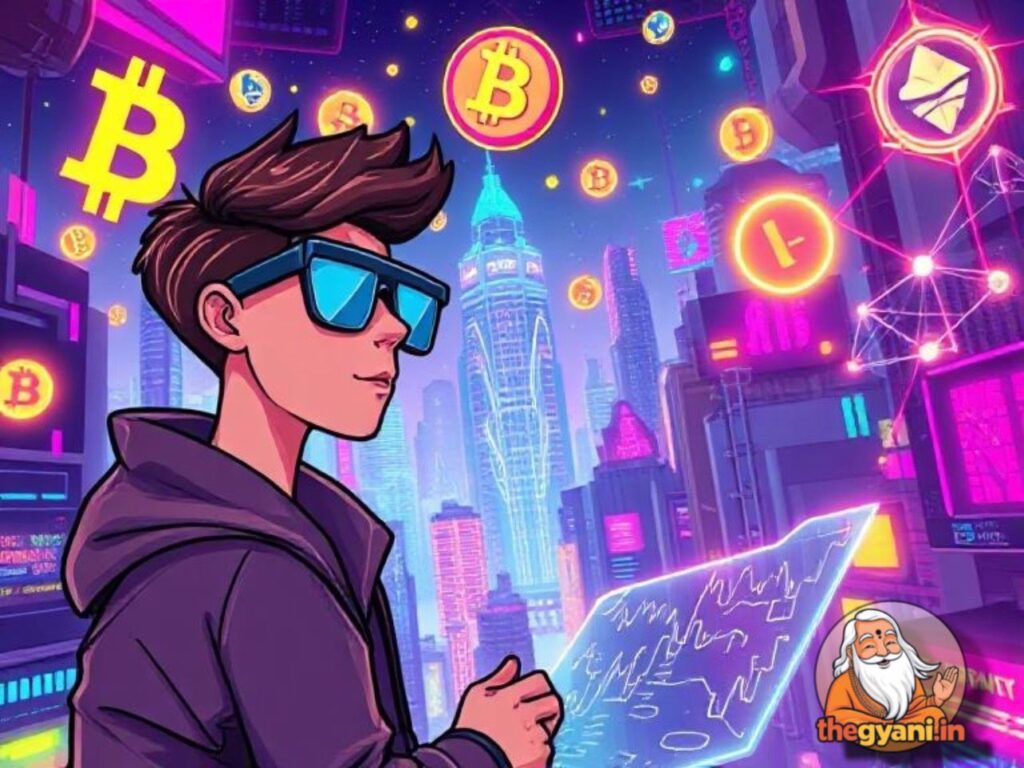 A futuristic cartoon-style illustration of the cryptocurrency world featuring glowing Bitcoin, Ethereum, and other digital currency symbols. A young investor analyzing market charts on a holographic screen with interconnected blockchain nodes in the background.