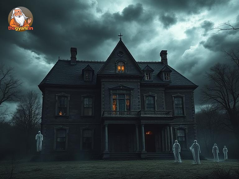 A cursed mansion with storm clouds looming above, and ghostly figures floating around it.