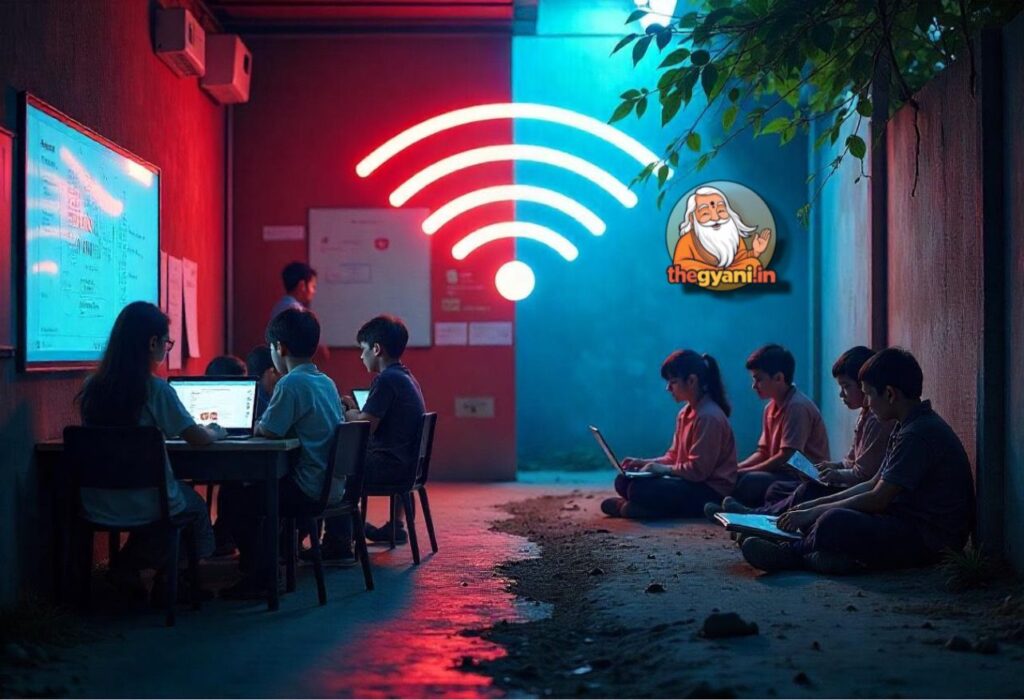 A split-screen image showing the digital divide in education—one side depicting an urban classroom with students using laptops and tablets, while the other side shows rural children studying with books and limited access to technology. A large Wi-Fi signal in the center symbolizes the gap in digital access.