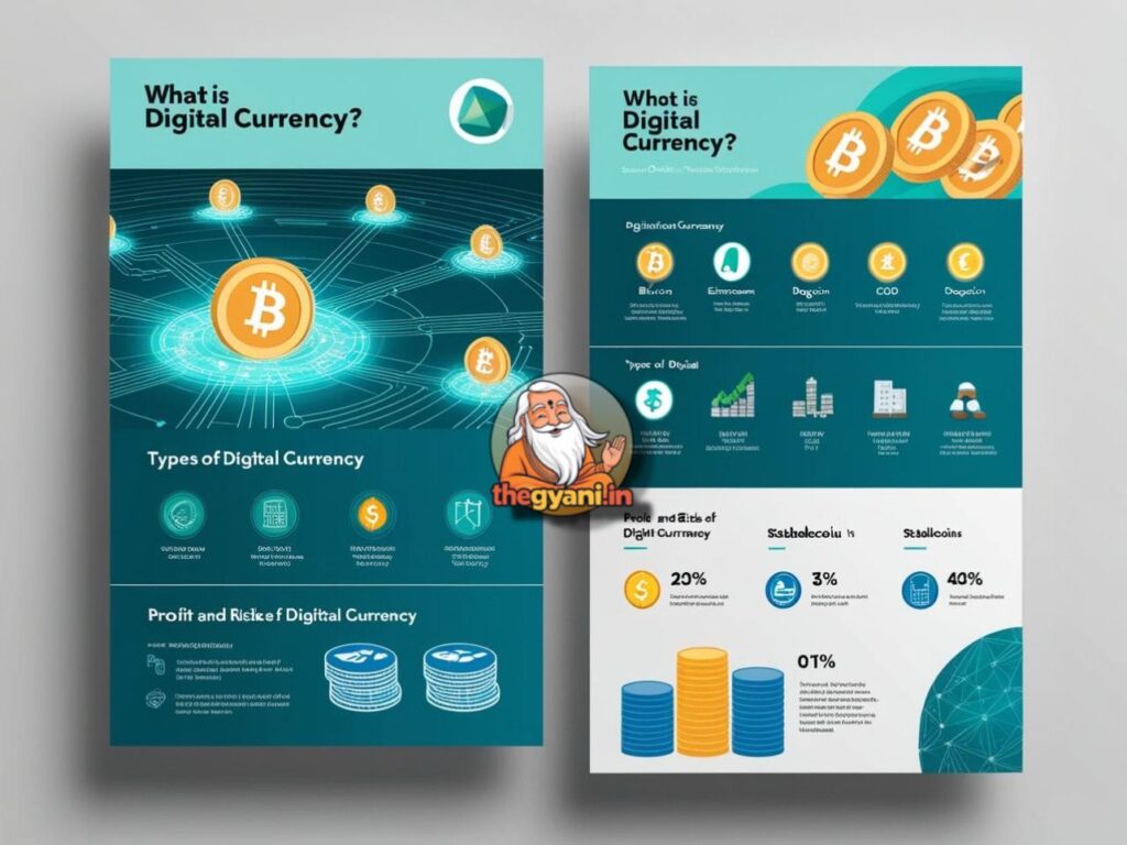 An infographic explaining Digital Currency, including its types (Cryptocurrency, CBDC, Stablecoins), profit opportunities, risks, and future trends in the financial world