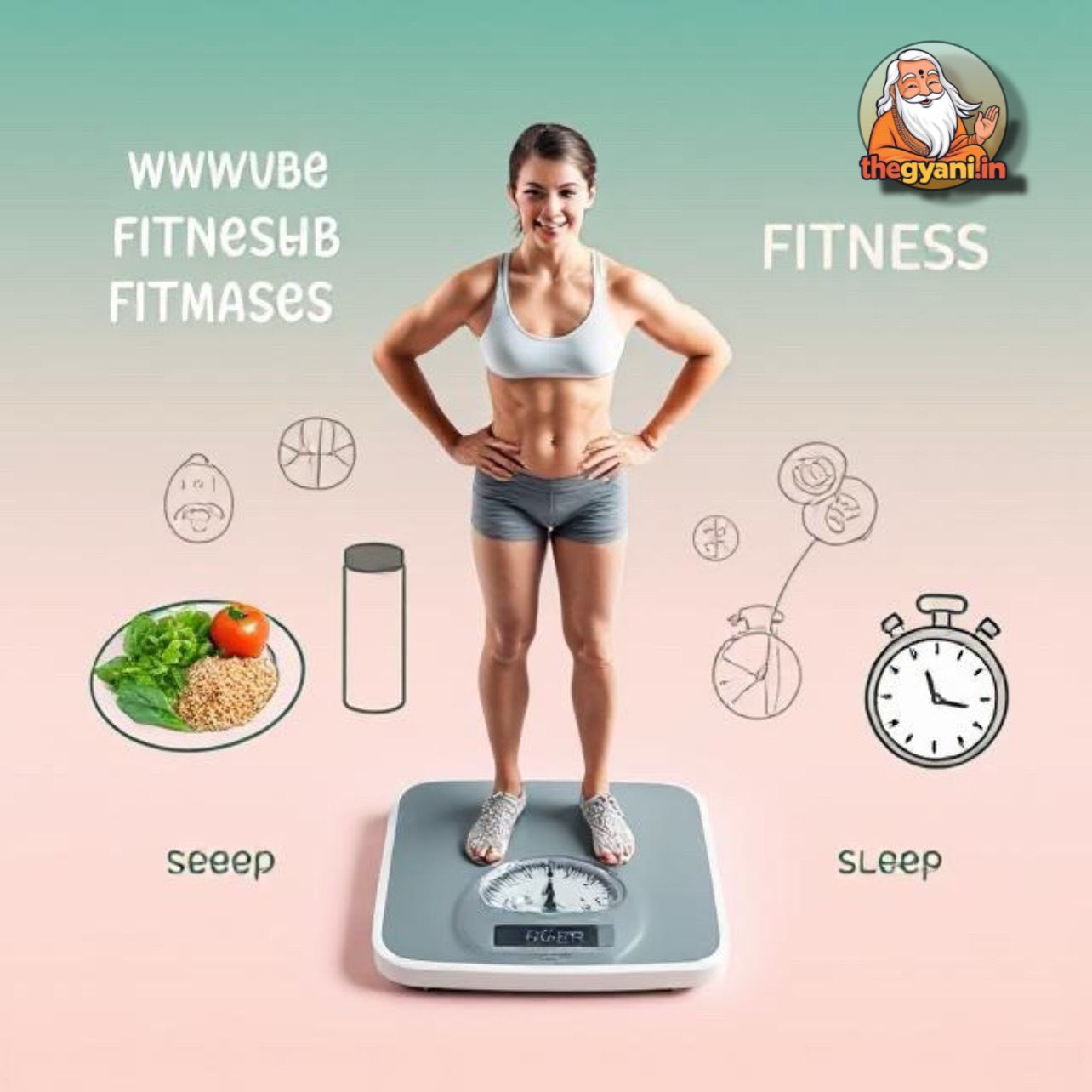 A fit and healthy person standing on a weighing scale, surrounded by symbols of weight management such as a balanced diet, water bottle, exercise stopwatch, and sleep icon, representing a healthy lifestyle