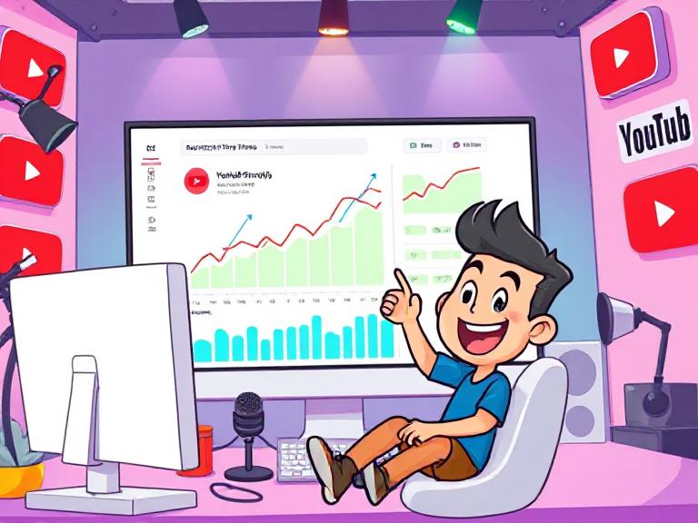 Cartoon character in a YouTube studio, showing how to earn money with YouTube. YouTube Se Paise Kaise Kamaye guide with YouTube growth analytics.