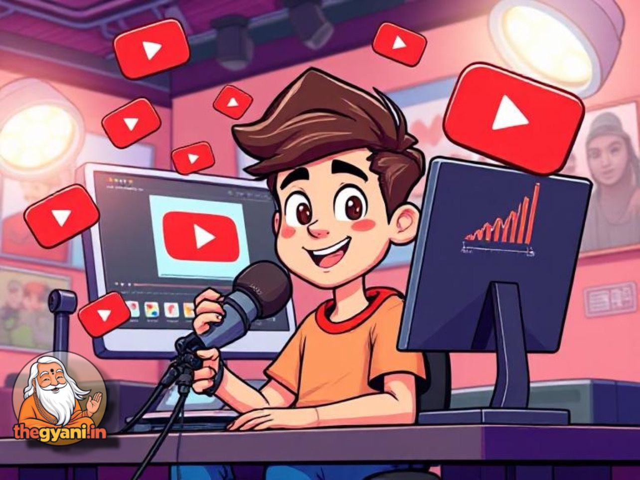 A colorful cartoon-style illustration of a young YouTuber in a vibrant studio setup, editing videos on a computer with YouTube icons and a growth chart around them