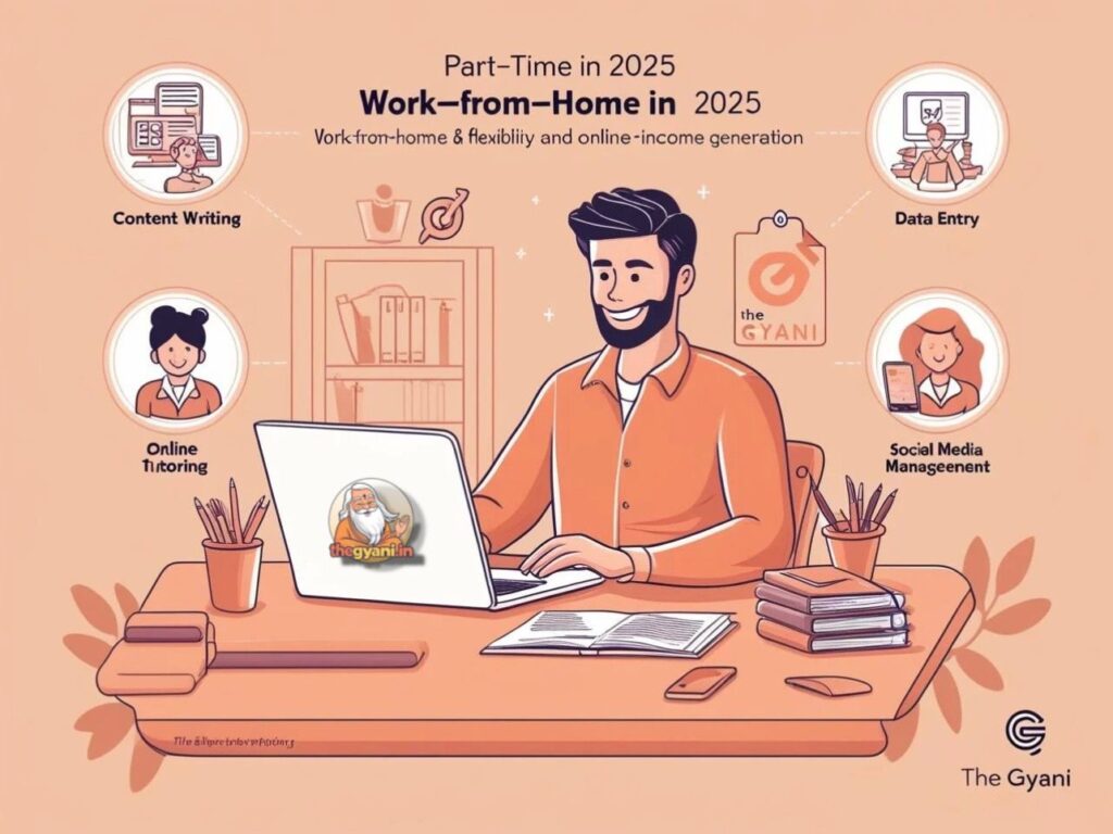 Part Time Job,Person working from home in 2025 with a laptop surrounded by icons representing part-time jobs like content writing, data entry, and online tutoring Part Time