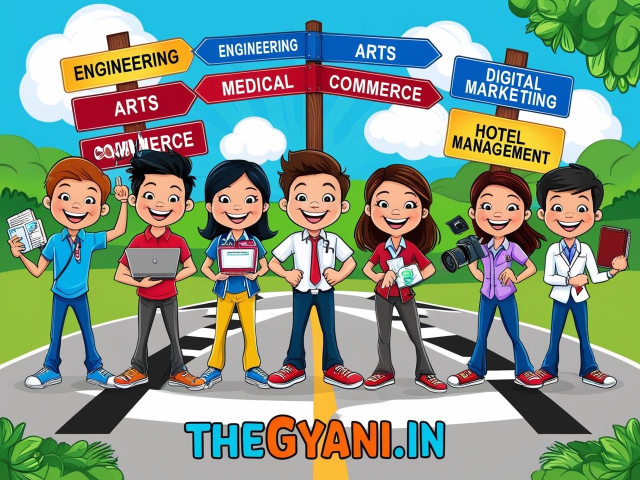 Cartoon students standing at crossroads showing career options after 12th like Engineering, Medical, Arts, Commerce, Digital Marketing with thegyani.in branding