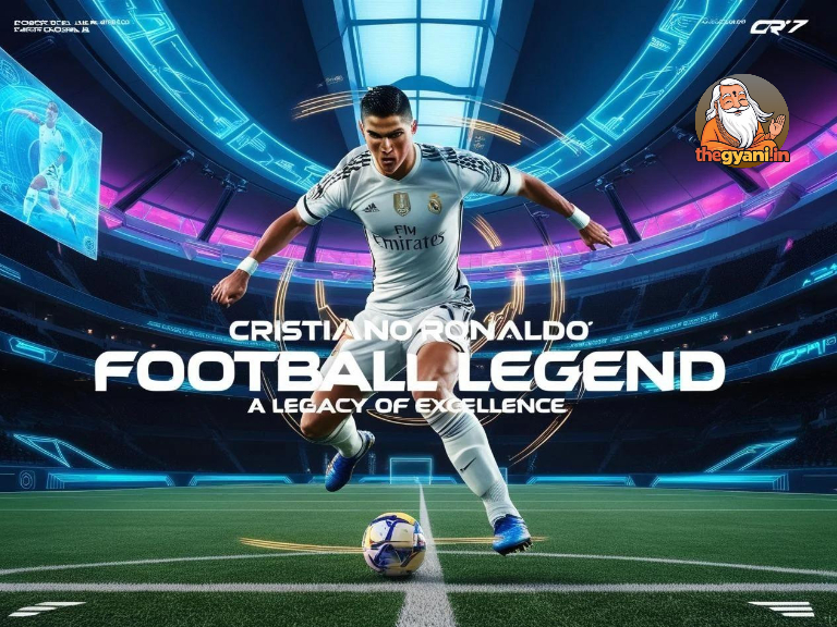 Cristiano Ronaldo performing a goal-scoring move in a क्रिस्टियानो रोनाल्डो, futuristic football stadium, showcasing his legendary skills.