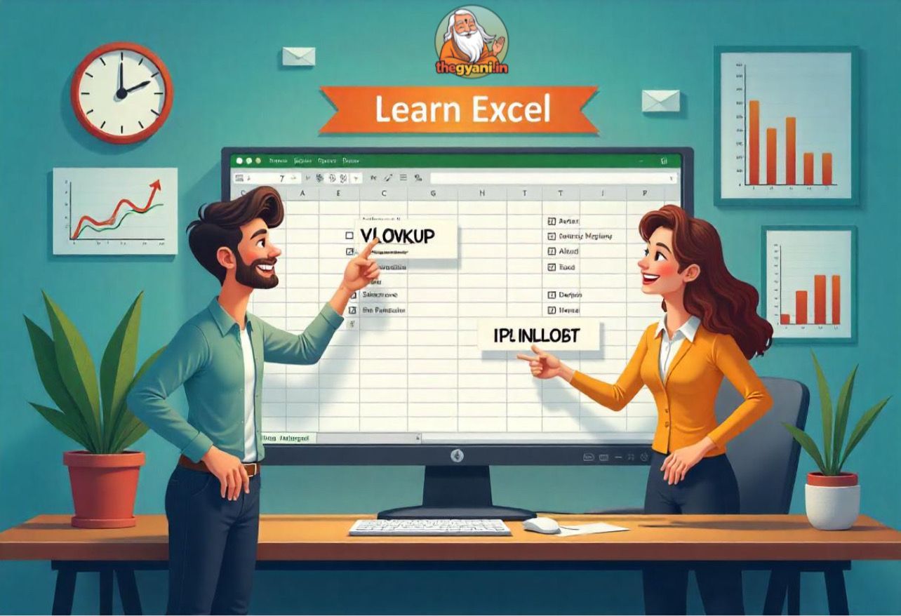 Cartoon illustration of two office characters using Excel VLOOKUP and HLOOKUP formulas with examples on a computer screen, showing employee data and subject marks - thegyani.in
