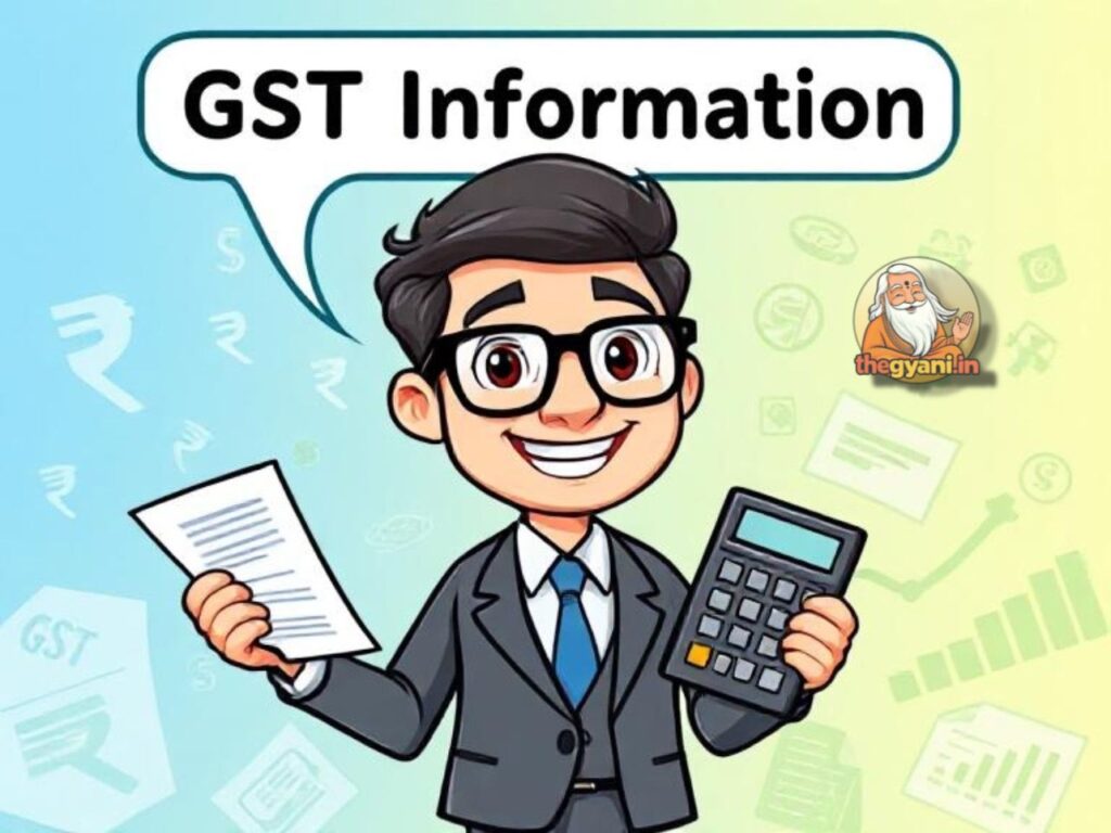 Cartoon character explaining GST information with calculator and tax documents.