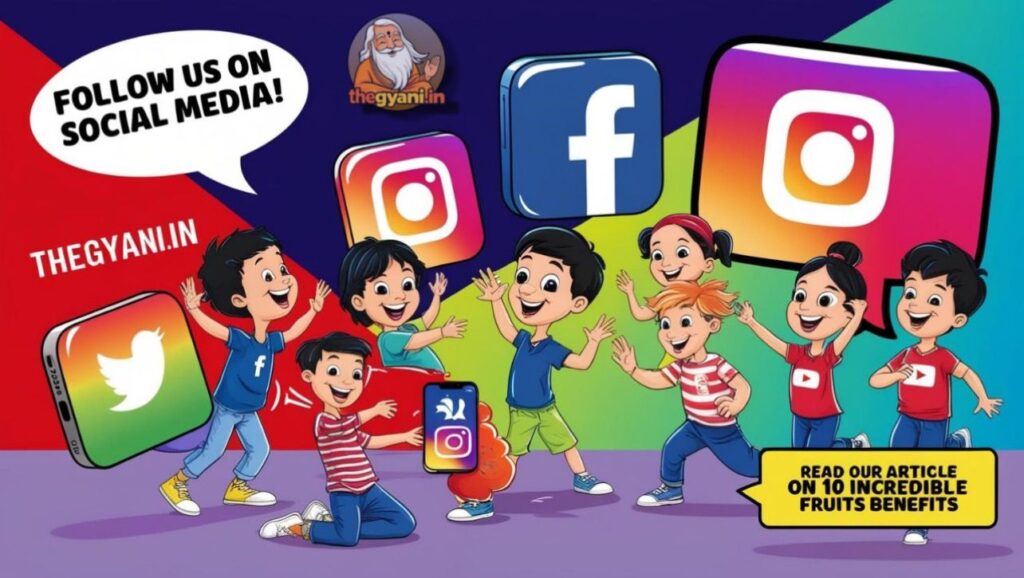 Cartoon-style image featuring सोशल मीडिया icons (Instagram, Facebook, YouTube) with boys and girls interacting with their phones and digital content, showcasing a vibrant background.