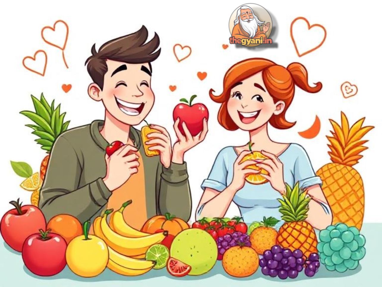 Cartoon-style image of a couple enjoying a variety of fruits like apples, bananas, and grapes, representing the health benefits of eating fruits.