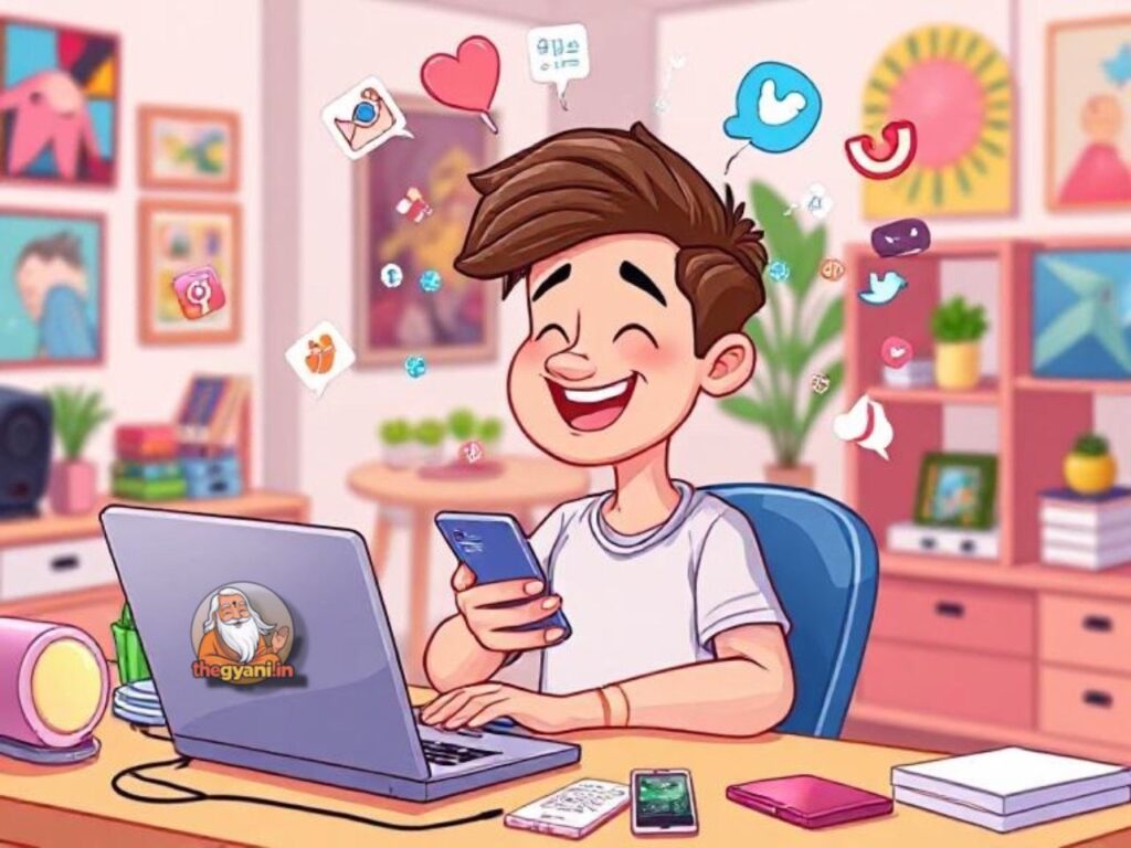 Instagram Cartoon-style image of a person using social media on a laptop and phone, surrounded by floating social media icons and notifications, in a cozy home office setting