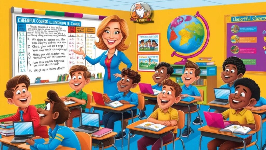 Cartoon teacher explaining lesson to students in a colorful classroom for B.Ed. course