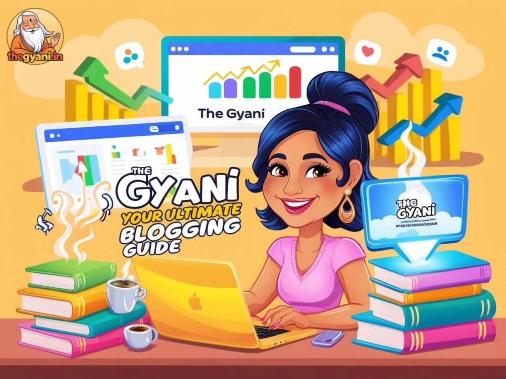 A cheerful cartoon-style blogger working on a laptop, surrounded by SEO elements like graphs, search bars, and social media icons, promoting 'The Gyani' website