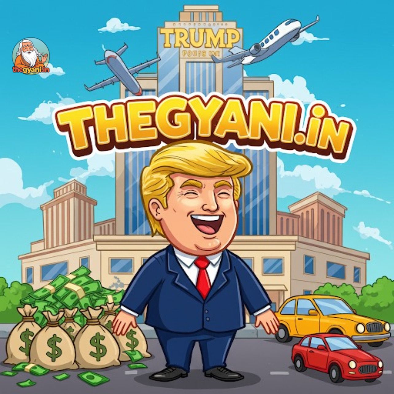 Cartoon image of a rich businessman inspired by Donald Trump, standing in front of a luxury building with money bags, private jet, and cars. Website name thegyani.in written in the sky