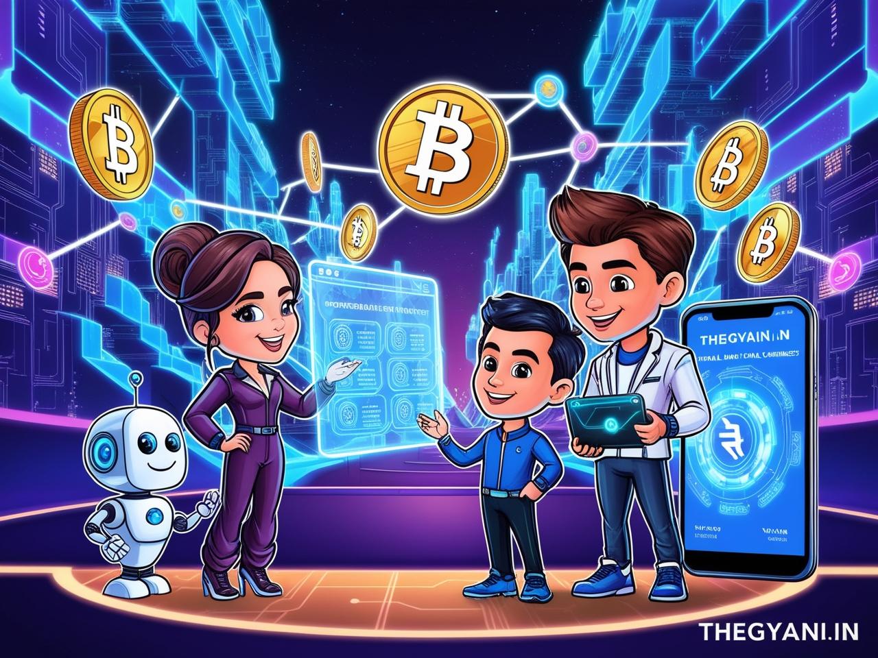 Cartoon-style characters explaining blockchain and Central Bank Digital Currencies (CBDCs) like Digital Rupee and Digital Yuan, with a futuristic digital cityscape and a glowing blockchain network in the background. thegyani.in branding included