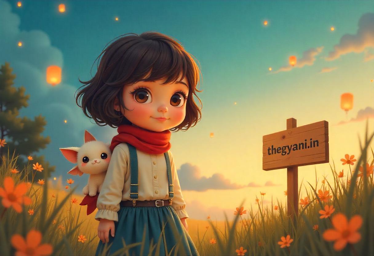 A Ghibli-style cartoon illustration of a young adventurer girl with short brown hair, expressive eyes, wearing a white blouse, blue skirt, and red scarf, standing in a dreamy meadow at twilight. A small fluffy spirit creature with big round eyes and tiny wings sits on her shoulder. Floating lanterns and fireflies add a magical touch. 'thegyani.in' is subtly written on a wooden sign in the background