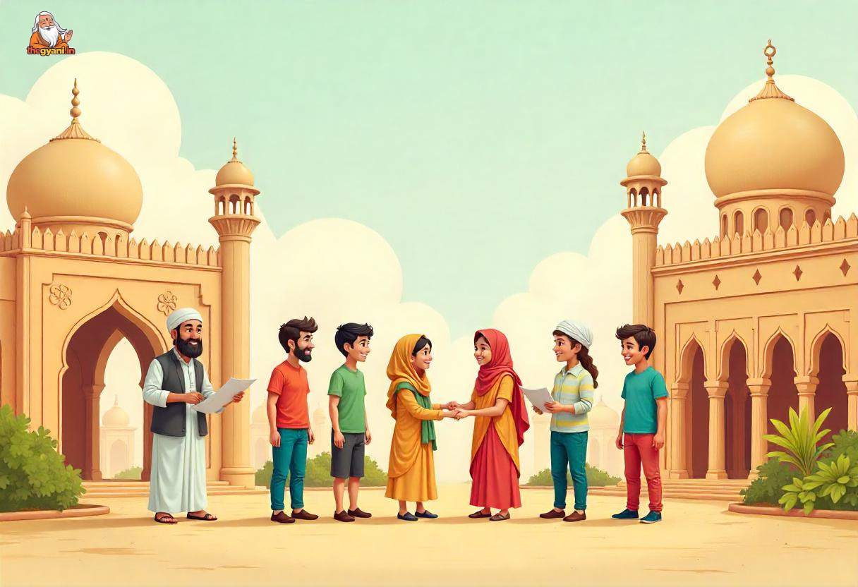 Cartoon characters representing the Waqf Act and religious charity, showcasing donations to a mosque, community center, and charity school, with 'thegyani.in' displayed.