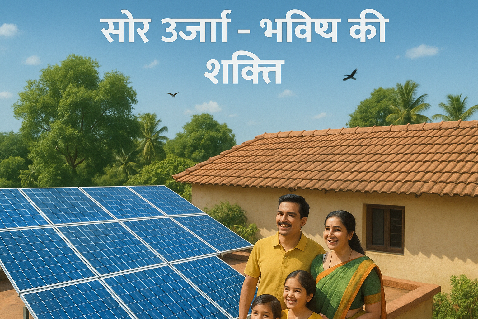 एक भारतीय गांव में छत पर लगे सोलर पैनल्स और पास में खड़ा मुस्कराता हुआ परिवार – सौर ऊर्जा का उपयोग करते हुए