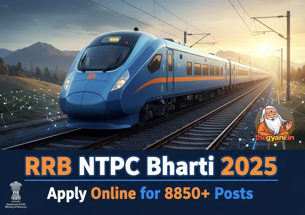 RRB NTPC Bharti 2025 ke liye Apply Online ka banner, Indian Railways jobs ke liye 8850+ vacancies ka announcement
